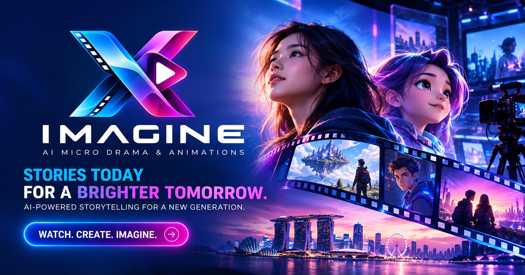IMAGINE campaign poster: Stories today for a brighter tomorrow. AI-powered storytelling for a new generation.