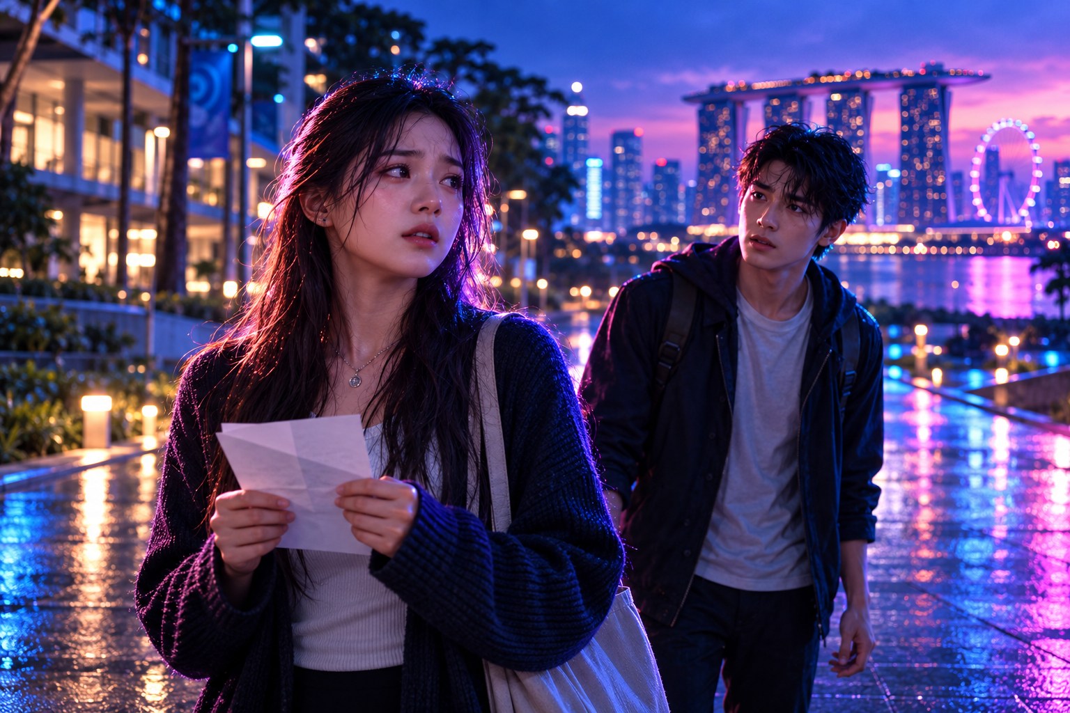Cinematic micro-drama scene: a young woman holding a letter and a young man beside Singapore’s neon-lit waterfront